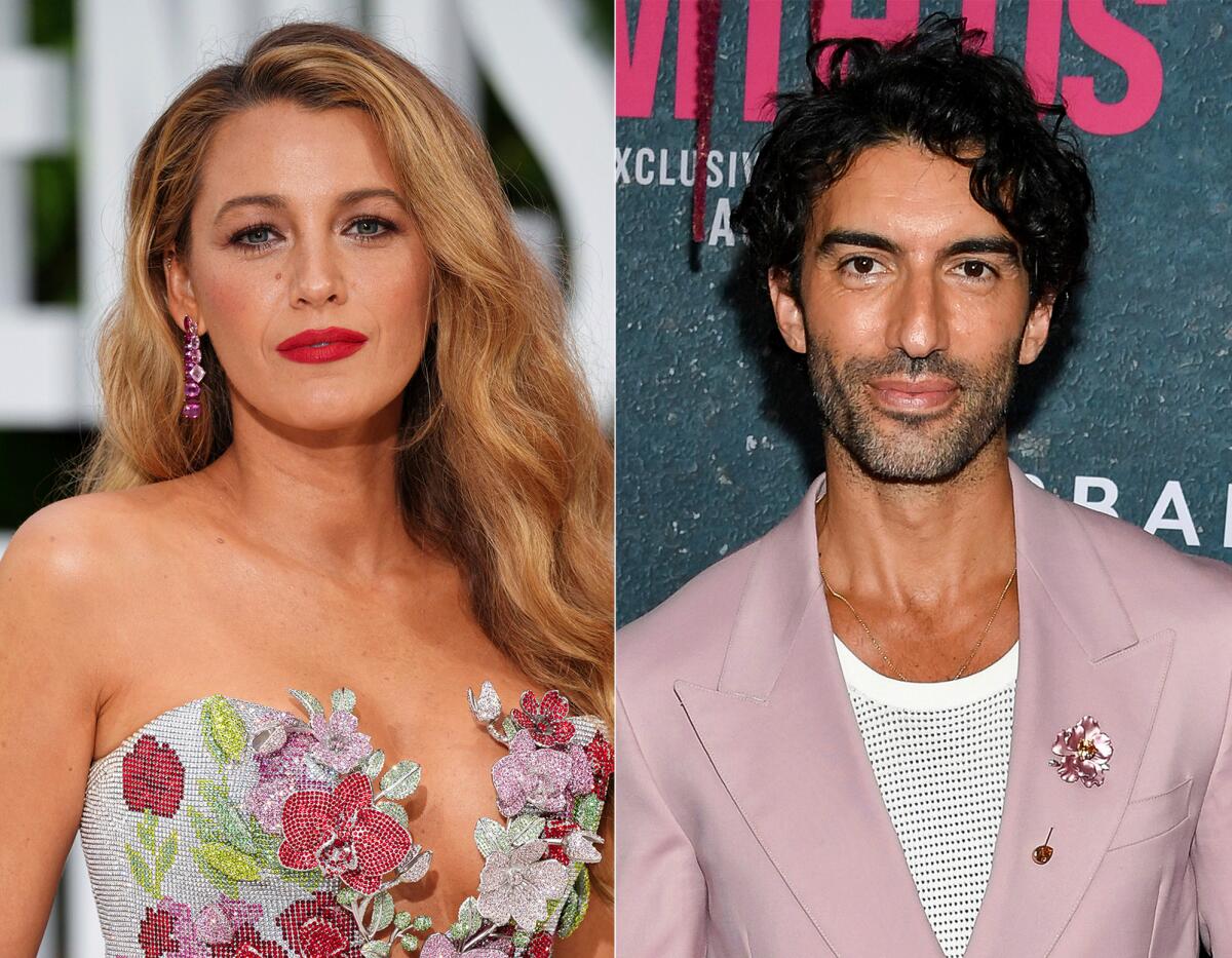 A split image of Blake Lively, in a metallic dress with flower appliques, and Justin Baldoni, in a pink blazer