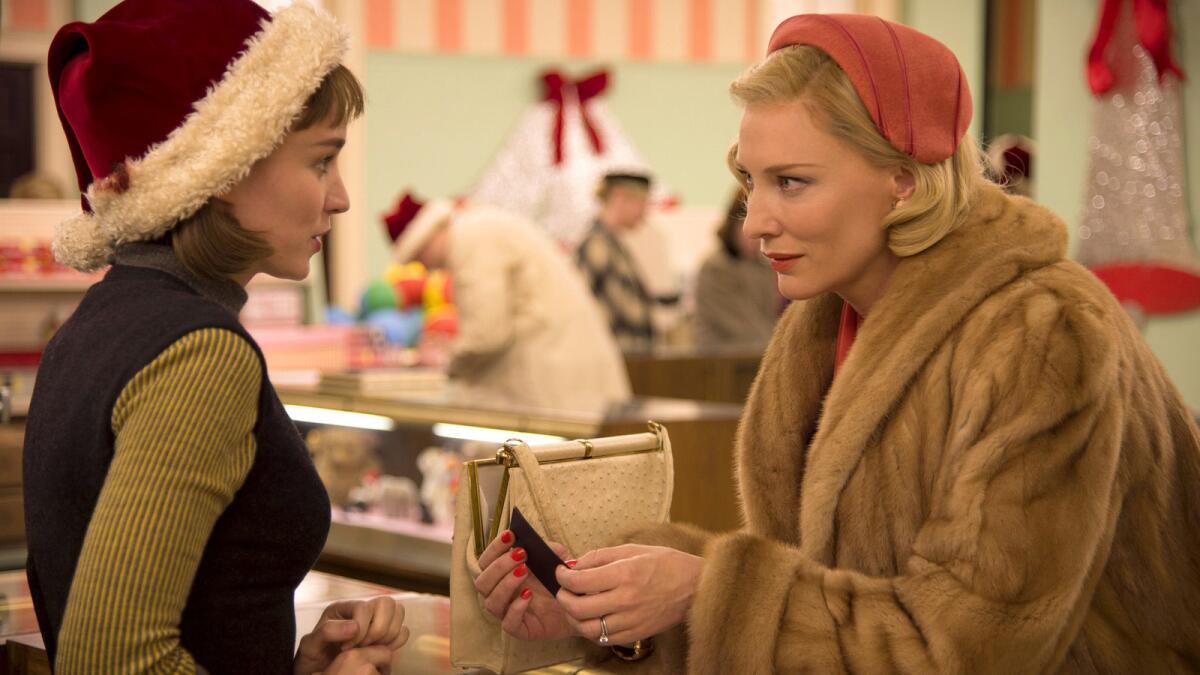 Rooney Mara, left, as Therese Belivet, and Cate Blanchett, as Carol Aird, in a scene from the film, "Carol."