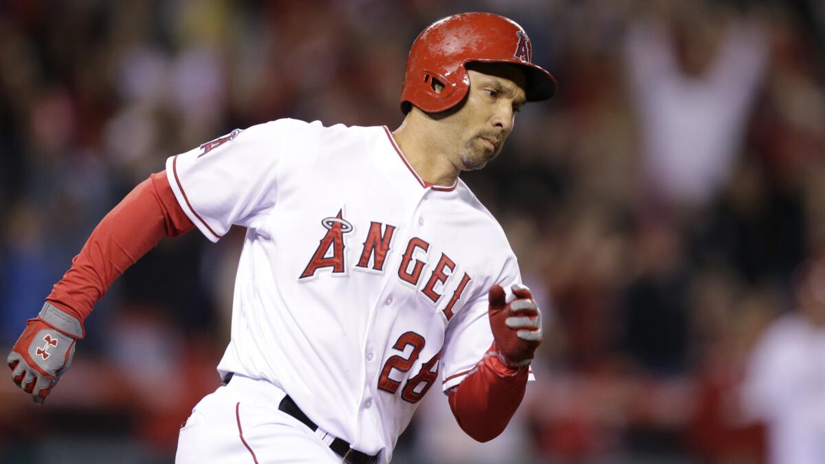 Angels designated hitter Raul Ibanez rounds the bases after hitting a three-run home run April 12. Ibanez has struggled at the plate in recent games.