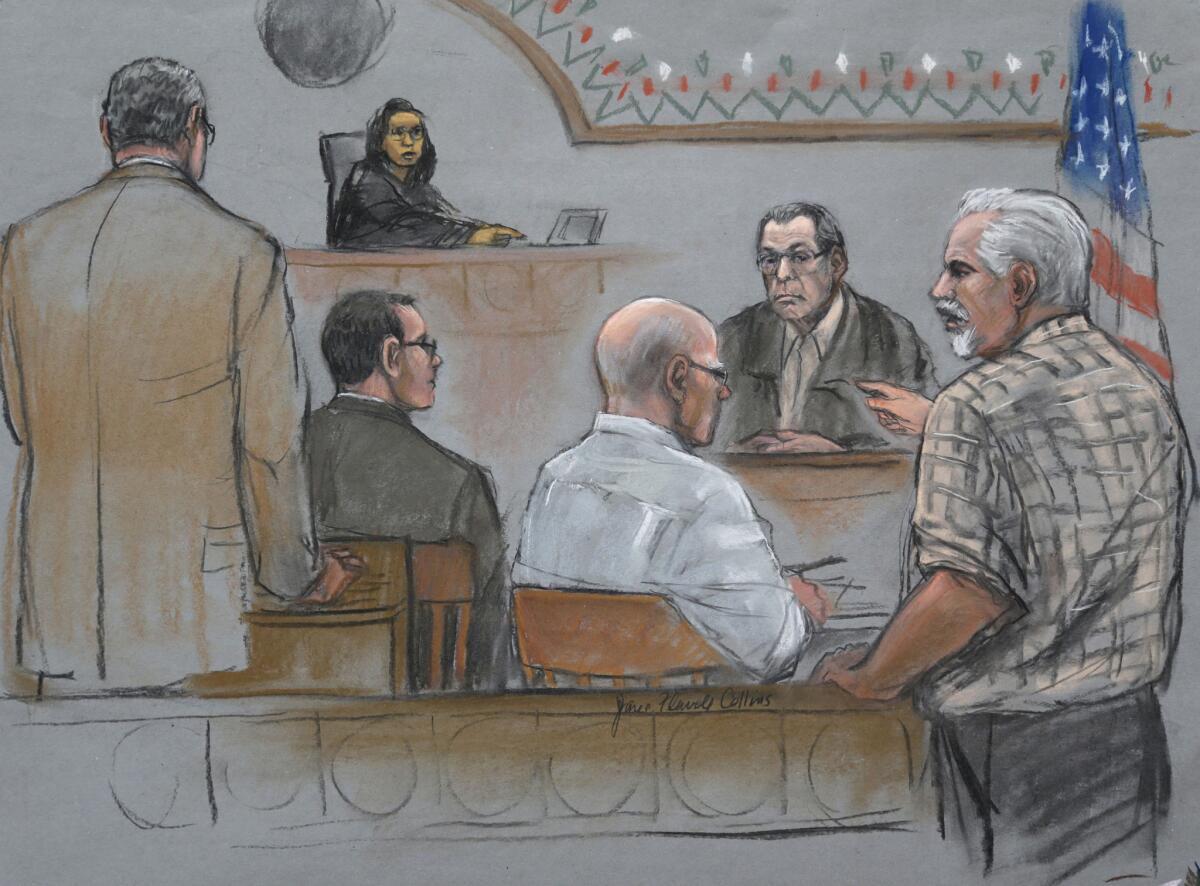 This courtroom sketch depicts Steve Davis, right, brother of homicide victim Debra Davis, exploding in anger after Stephen "The Rifleman" Flemmi, second from right, on the stand, identified him as a drug user and informant at U.S. District Court in Boston on Monday. Flemmi later said he'd made a mistake. He was testifying in the trial of his former partner James "Whitey" Bulger, center.