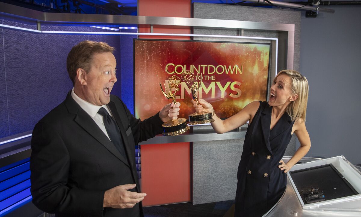 KTLA's Sam Rubin and Jessica Holmes will host an Emmy pre-show on Sunday with virtual interviews and social distancing.