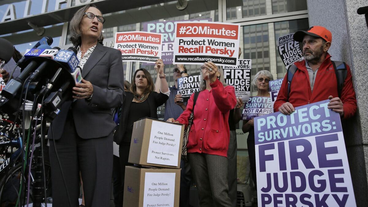 Stanford law professor Michele Dauber, shown at a 2016 rally, led the successful effort to recall Santa Clara County Superior Court Judge Aaron Persky over the sentence he imposed on Stanford swimmer Brock Turner in a sexual assault case.