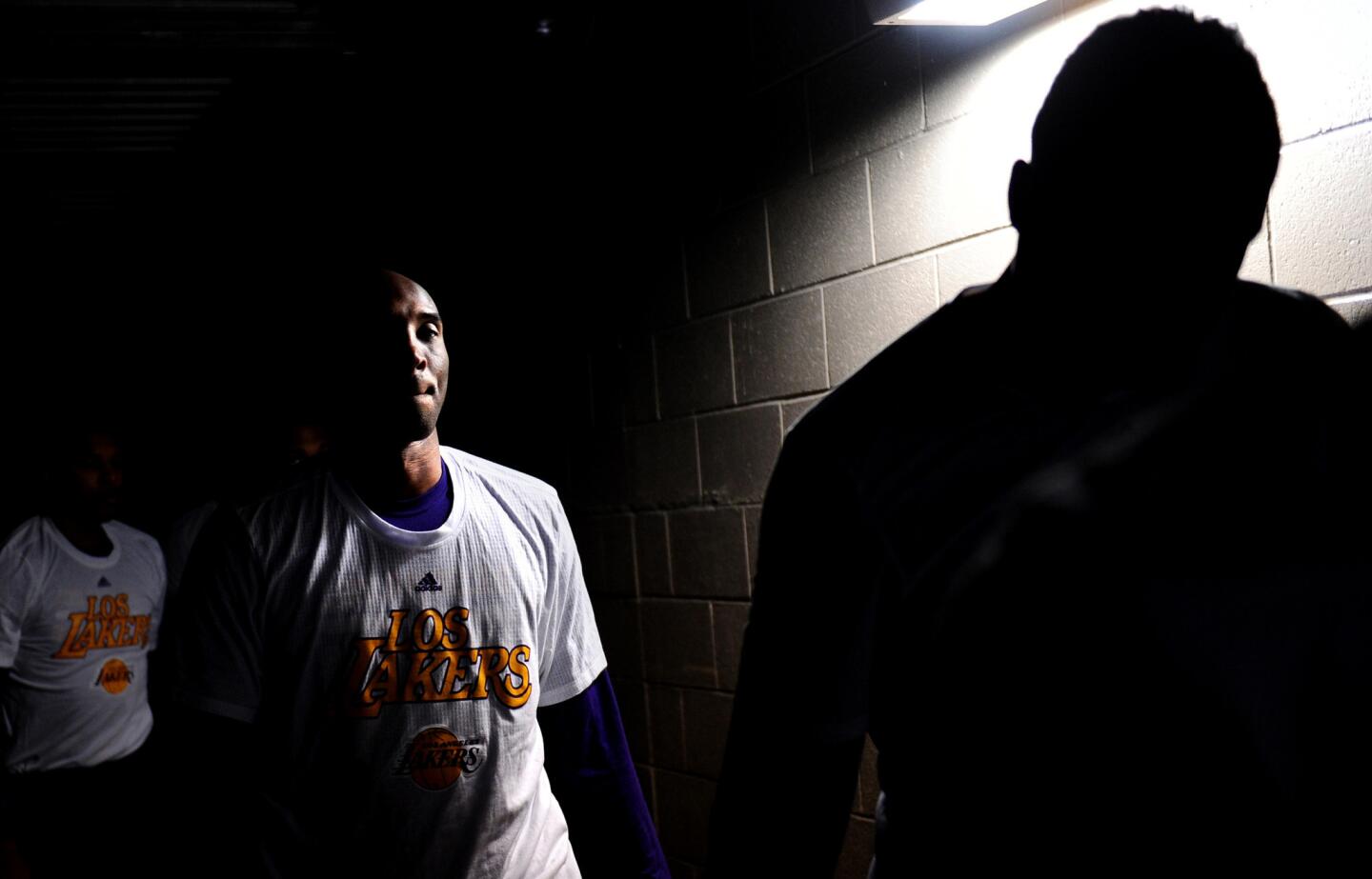 Lakers forward Kobe Bryant heads to the court for the last time in Denver before a game againstthe Nuggetson March 2, 2016.