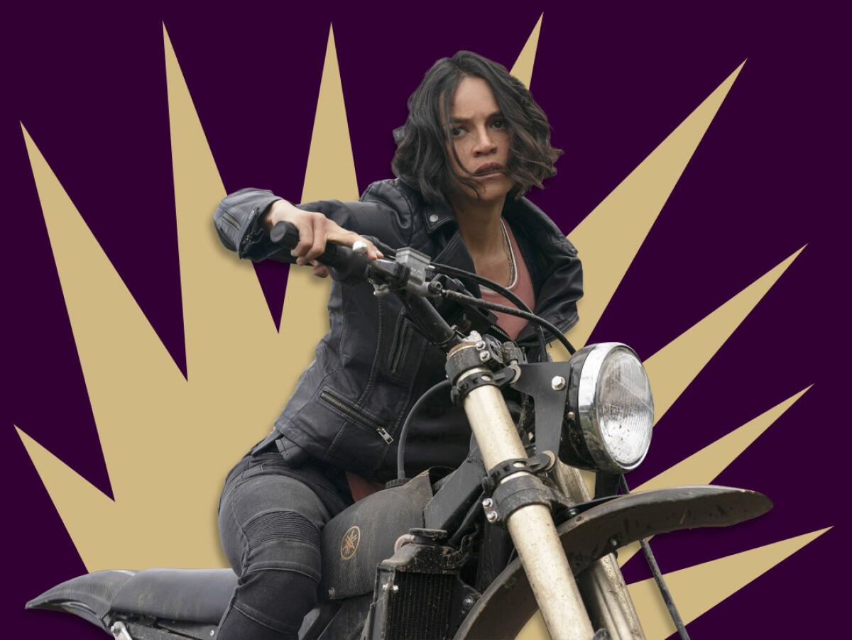 A woman on a motorcycle with illustrated sparks in the background