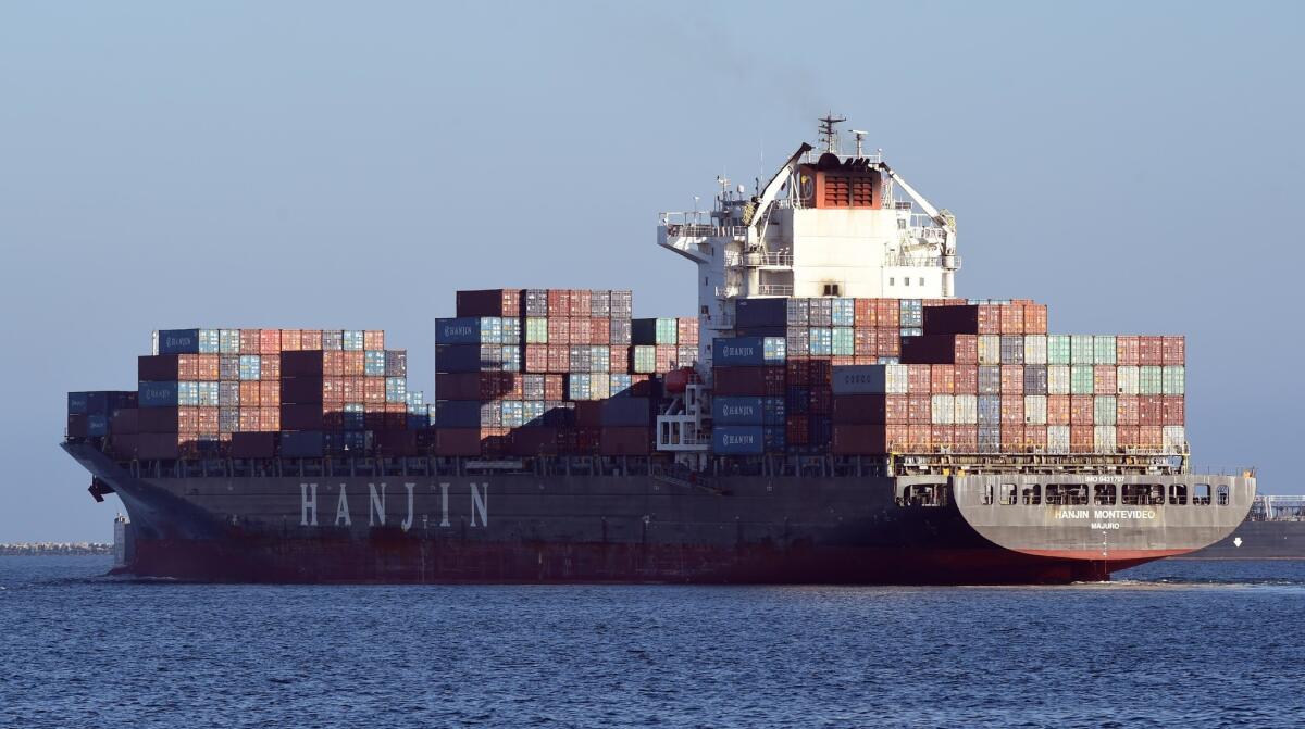 A Hanjin ship at the port of Long Beach on Wednesday.