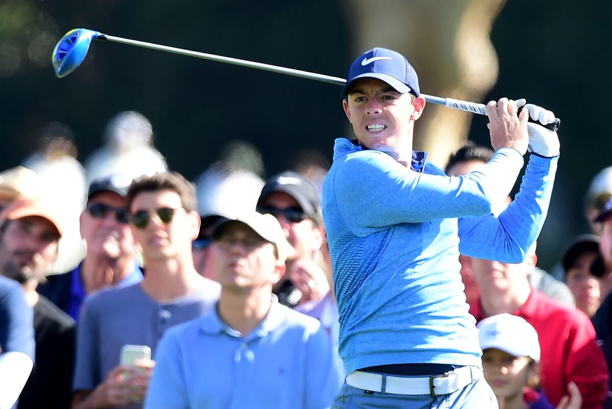 Rory McIlroywatches his tee shot at No. 2 during the third round of the Northern Trust Open on Saturday.
