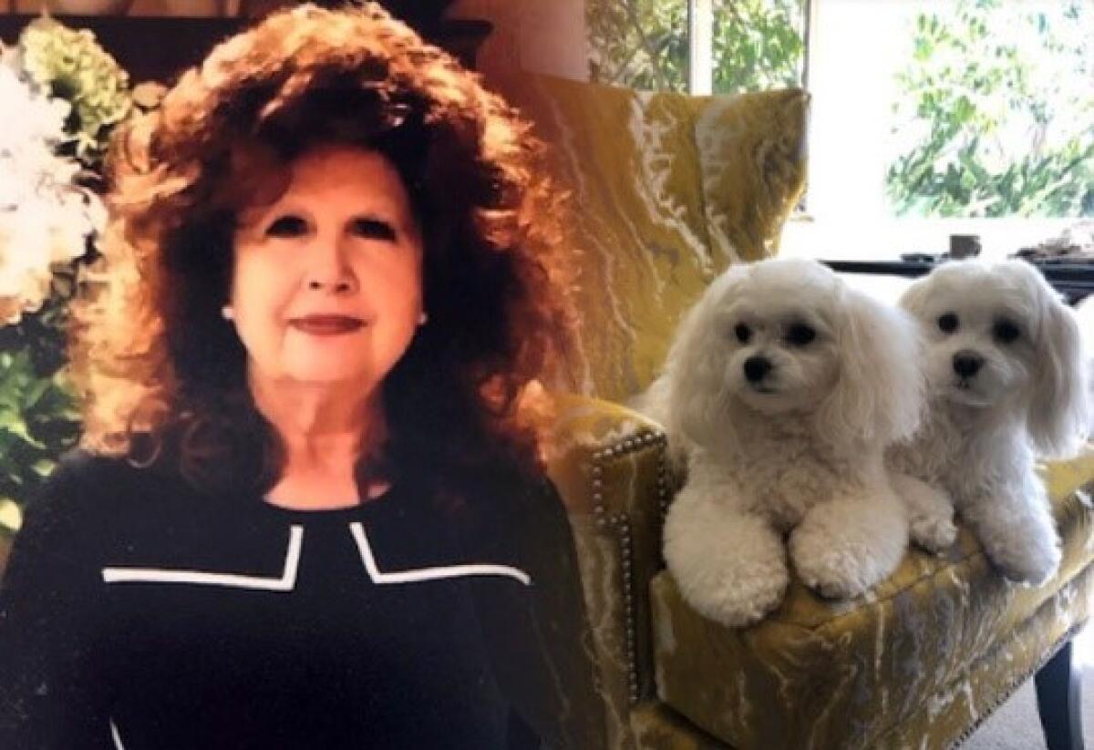 Rancho Santa Fe's Sharron MacDonald with her pups Kaycee and Bella.