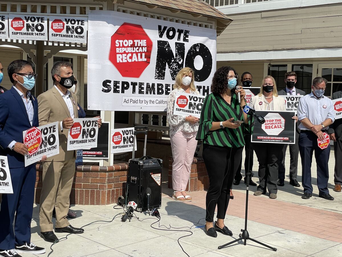 Ada Briceño addresses the media at an Aug. 25 press conference against the recall of Gov. Newsom.