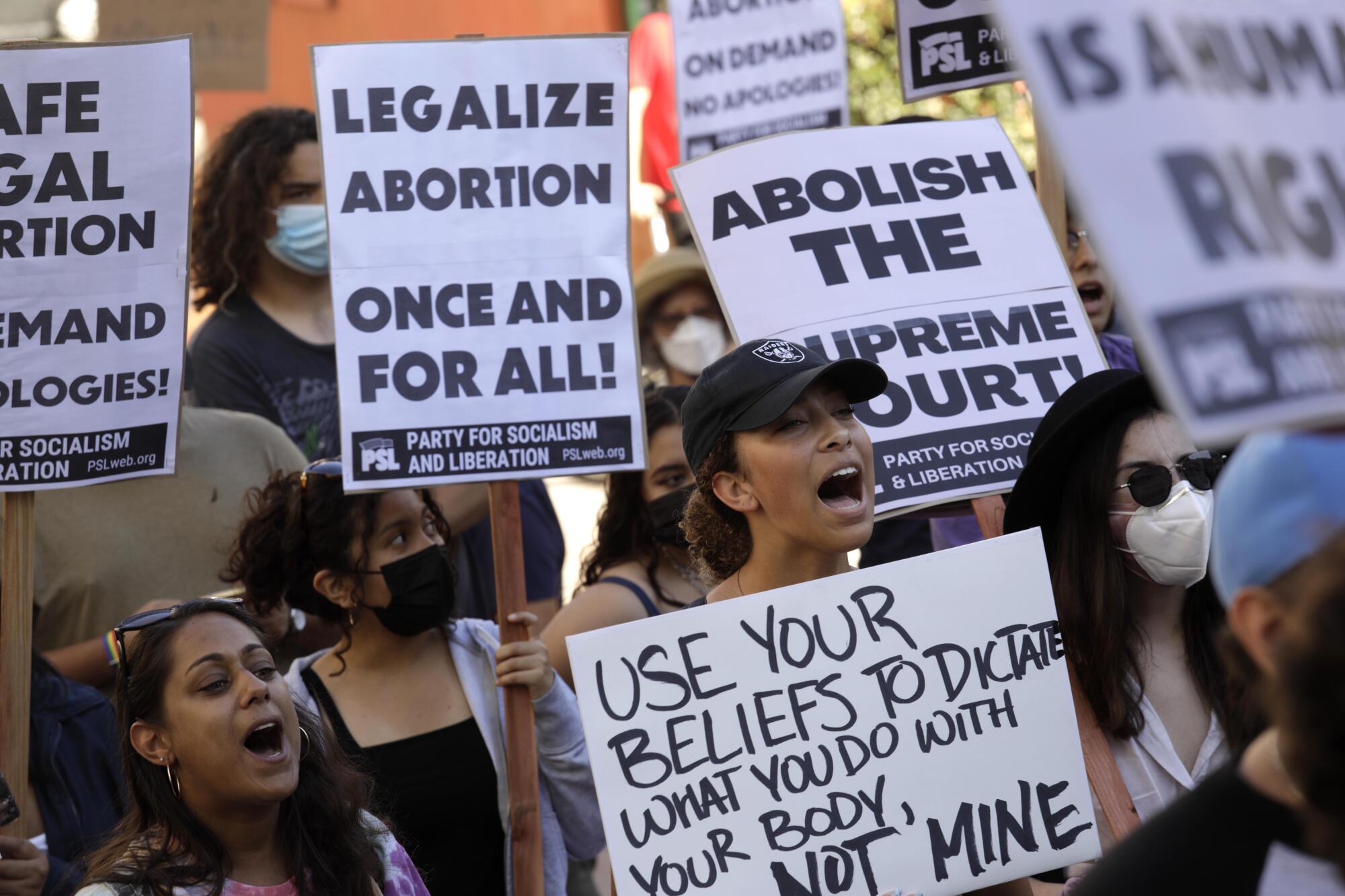 Abortion-rights supporters hold signs and shout
