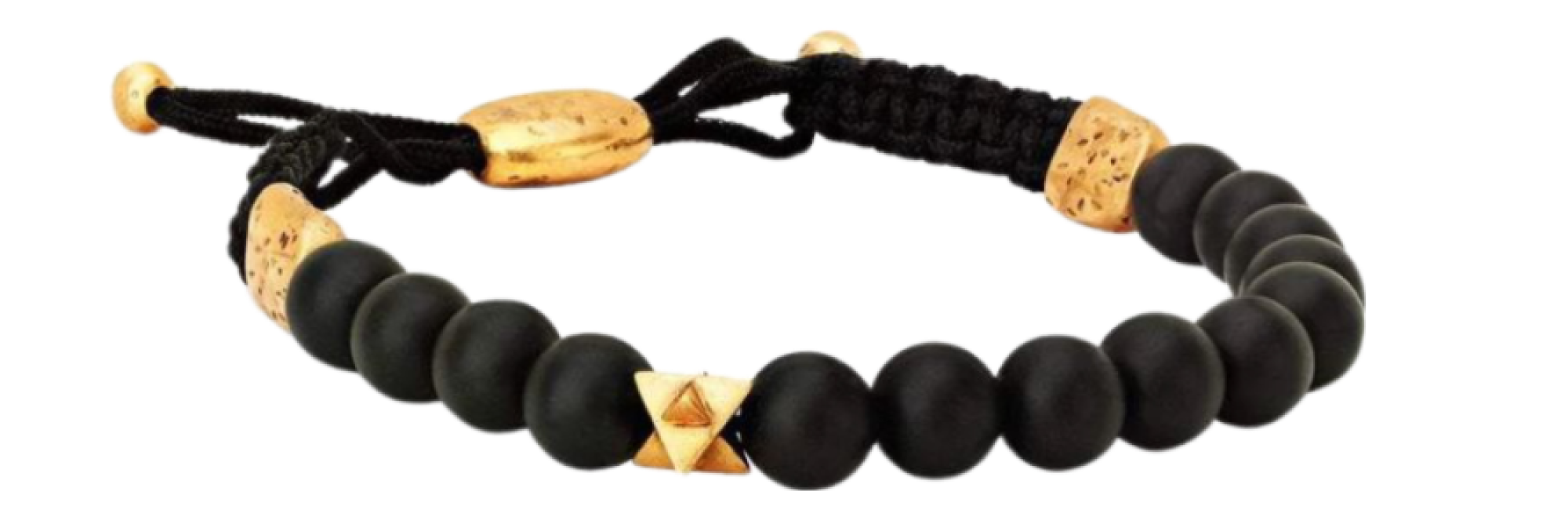 Logan Hollowell's mala bead bracelet featuring a pyramid-shaped brass merkaba bead