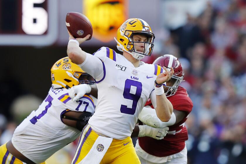 TUSCALOOSA, ALABAMA - NOVEMBER 09: Joe Burrow #9 of the LSU Tigers throws a pass during the first half against the Alabama Crimson Tide in the game at Bryant-Denny Stadium on November 09, 2019 in Tuscaloosa, Alabama. (Photo by Kevin C. Cox/Getty Images) ** OUTS - ELSENT, FPG, CM - OUTS * NM, PH, VA if sourced by CT, LA or MoD **