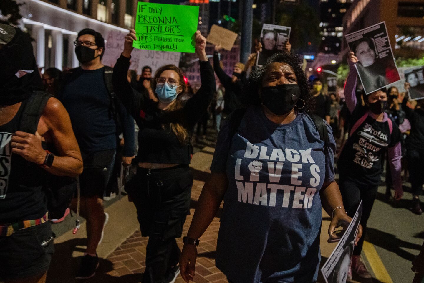 Protesters march through the streets of downtown San Diego on September 23, 2020 after a grand jury in Kentucky declined to bring homicide charges against officers in the death of Breonna Taylor.