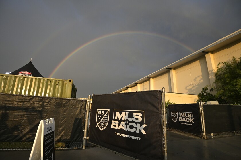 A double rainbow is viewed over the ESPN Wide World of Sports complex before an MLS match on Saturday in Kissimmee, Fla.