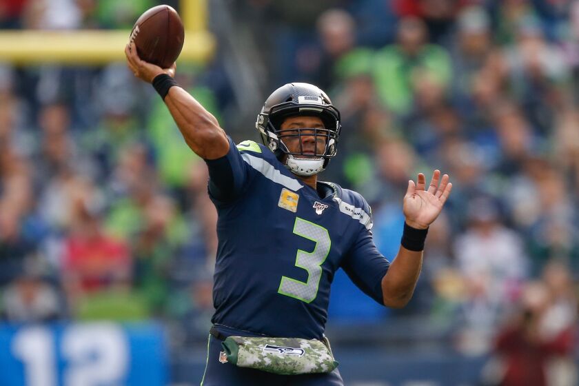 SEATTLE, WA - NOVEMBER 03: Quarterback Russell Wilson #3 of the Seattle Seahawks passes against the Tampa Bay Buccaneers at CenturyLink Field on November 3, 2019 in Seattle, Washington. (Photo by Otto Greule Jr/Getty Images)