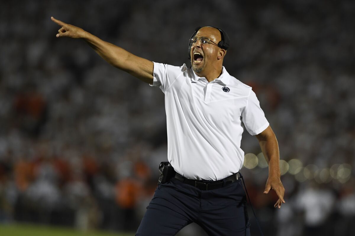 Penn State coach James Franklin shouts during a win over No. 22 Auburn on Saturday night in State College, Pa.