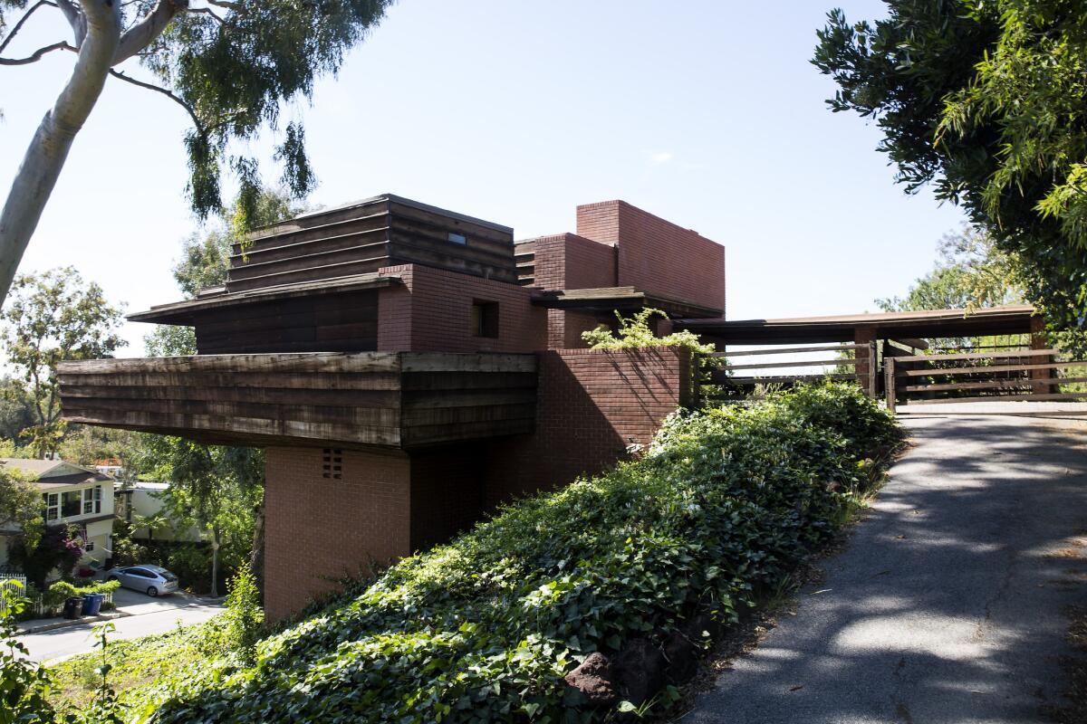 The 1939 Sturges house is a residence that hangs dramatically from a Brentwood hillside and was designed by Frank Lloyd Wright. It is on the market.