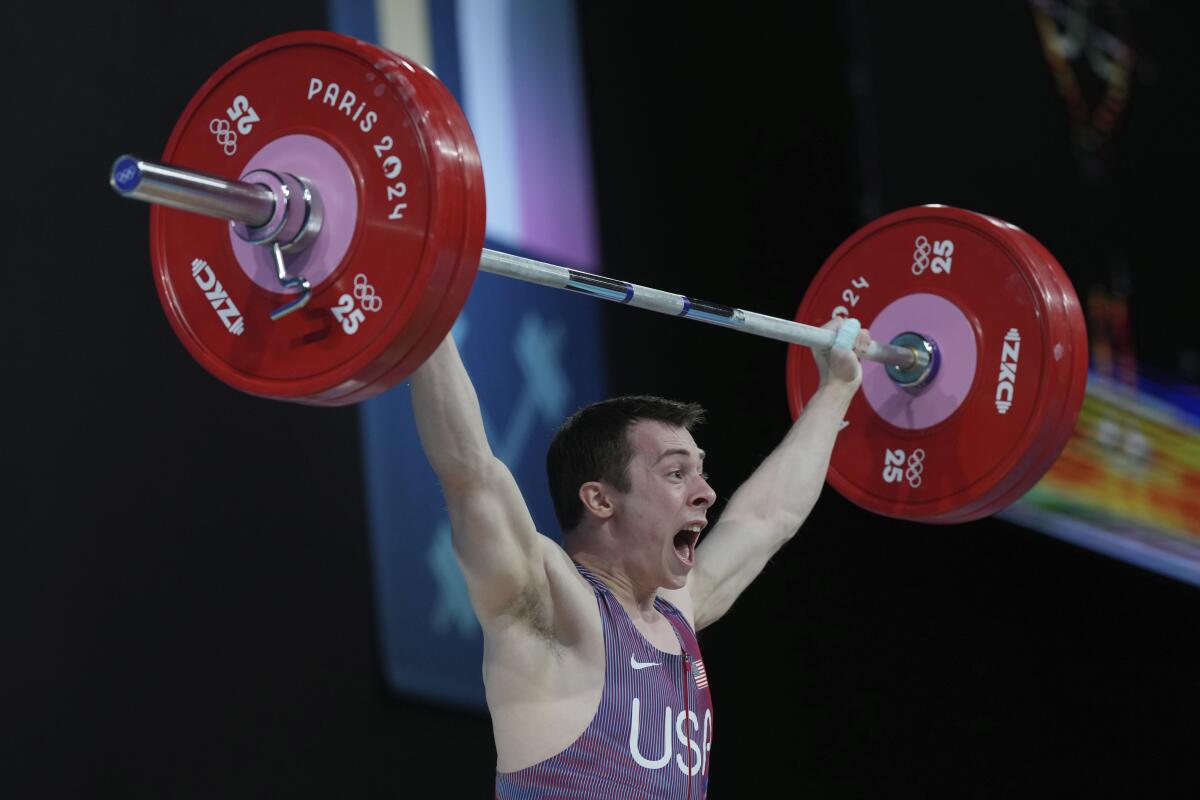 Hampton Morris of the U.S. competes in weightlifting Wednesday. 