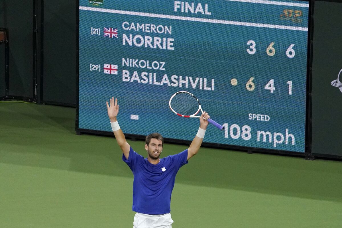 Cameron Norrie reacts after defeating Nikoloz Basilashvili  in the singles final at the BNP Paribas Open.