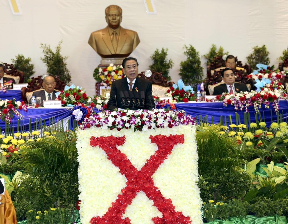Laos President Choummaly Sayasone speaks during the Communist Party congress in Vientiane, Laos, on Jan. 17, 2016.