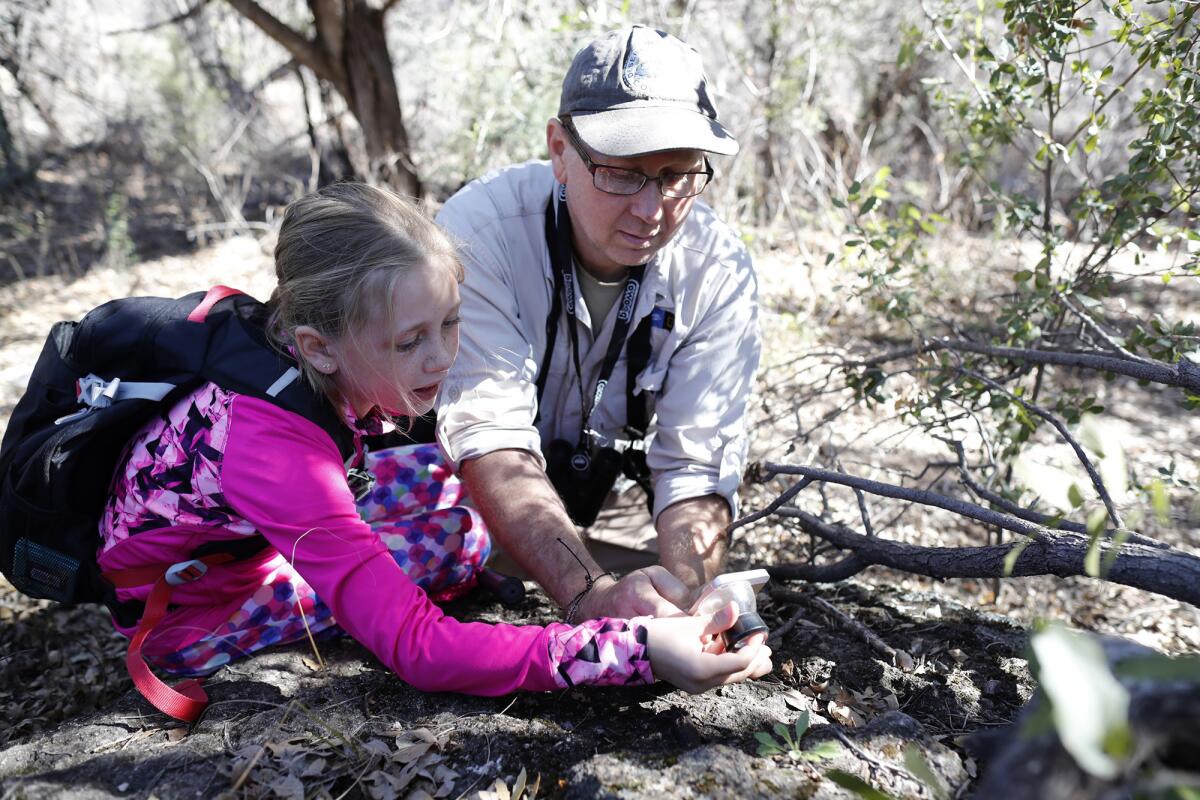 Taylor Edwards and daughter Amira Dolan, 10, use a loupe to look at small plants March 3 during Border BioBlitz, a communal citizen-science effort in Sycamore Canyon, Coronado National Forest, Ariz.