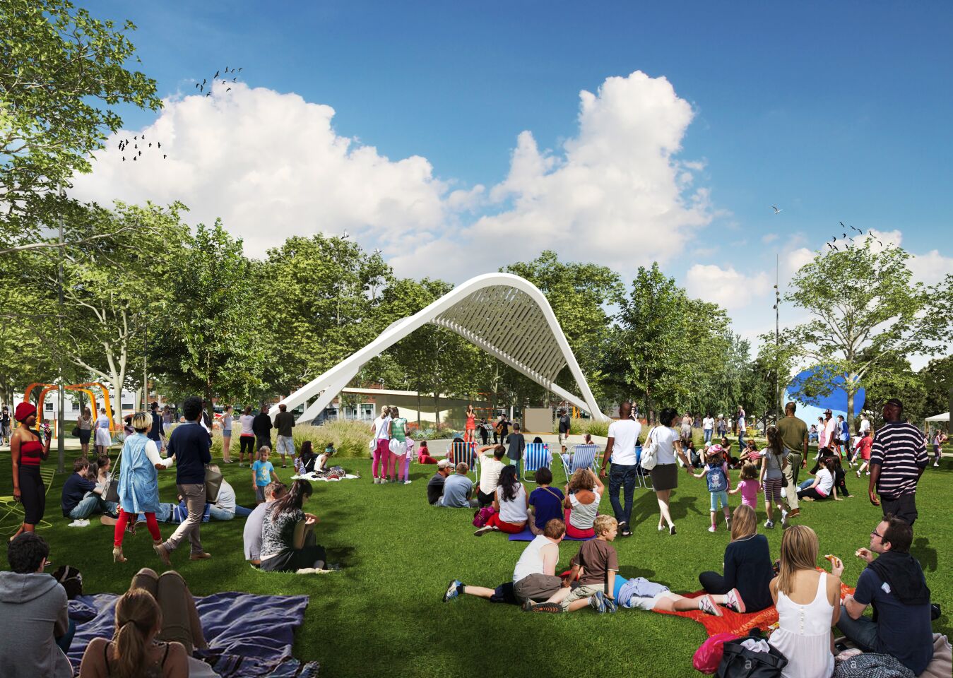 The 11,200 square-foot multi-purpose lawn is the focus of the west block, offering views of the performance pavilion and ample space for group events. The architectural shade feature has been scrapped from the plan because of budgetary constraints.