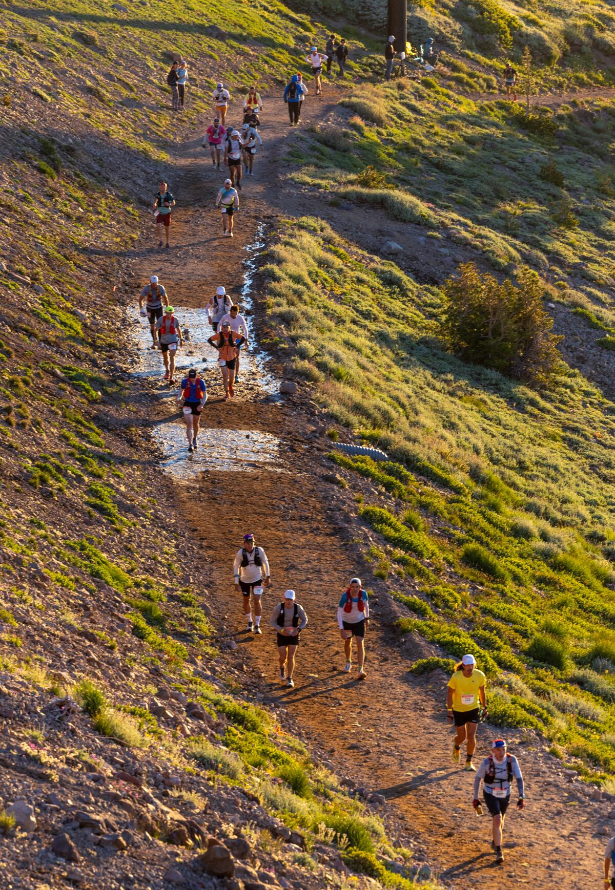 Runners on the steep trail to the escarpment climbing out of Olympic Valley.