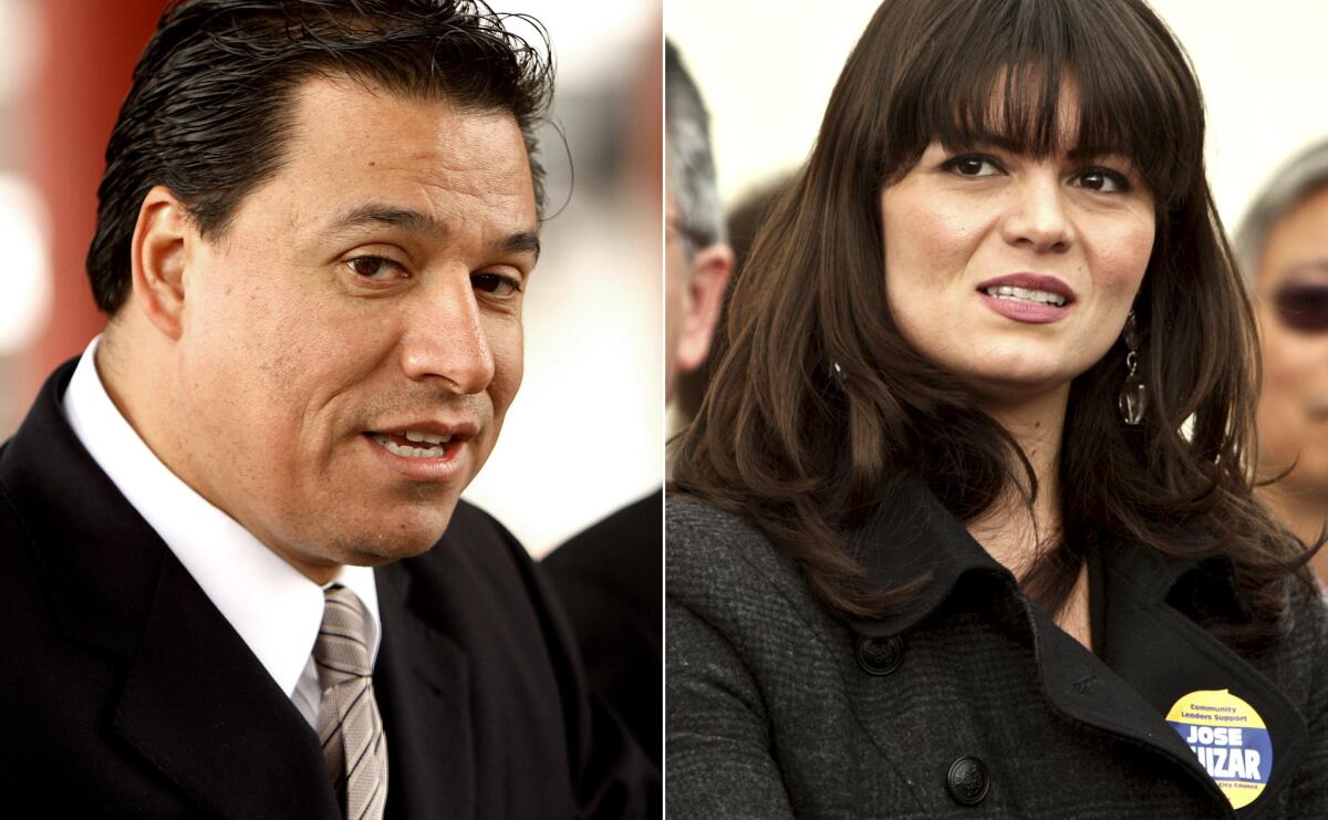 A composite image shows L.A. City Councilman Jose Huizar and his former deputy chief of staff, Francine Godoy, who sued him for sex harassment. Her lawyer says the case has been settled.