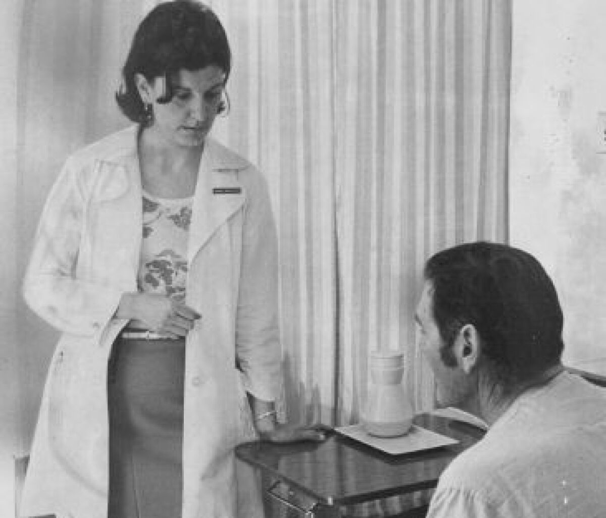 As an intern in 1977, Marion Moses inquires about the health of a patient.