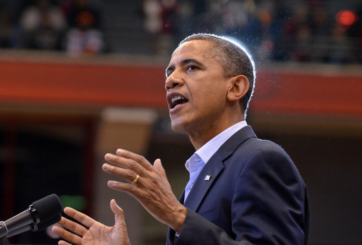 President Barack Obama speaks during a campaign rally in Cincinnati, Ohio.