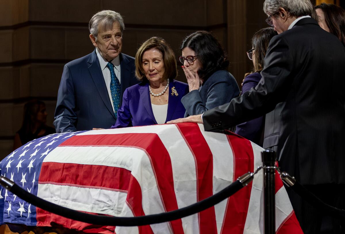 Former House Speaker Nancy Pelosi pays respects as the late Sen. Dianne Feinstein lies in state at San Francisco City Hall