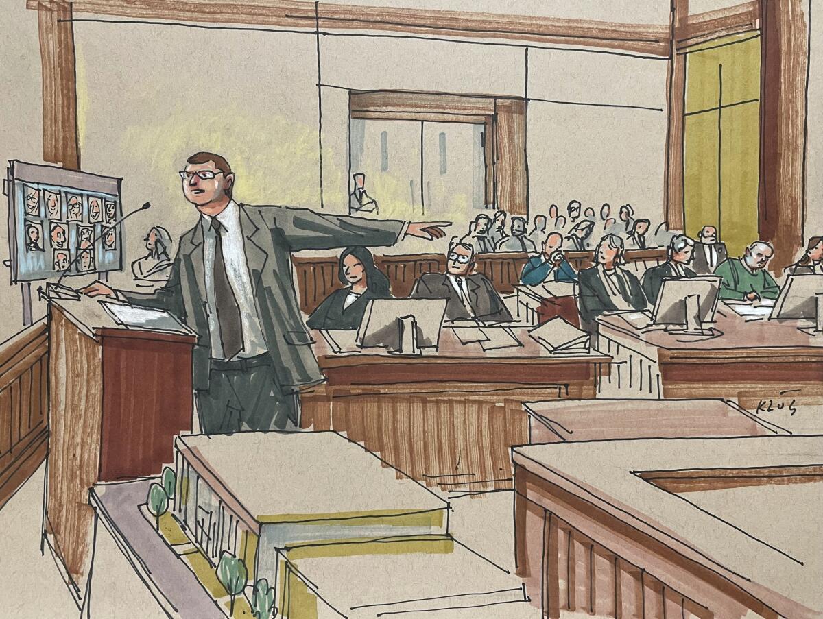 Dibujo de la corte, el 31 de julio de 2023, que muestra al fiscal Eric Olshan 