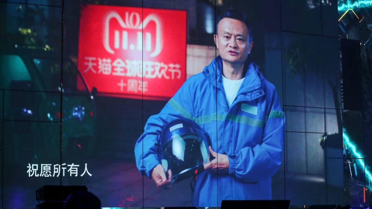 A screen shows a live image of Jack Ma, CEO of Chinese e-commerce giant Alibaba, as he greets audiences during the Singles Day shopping festival.