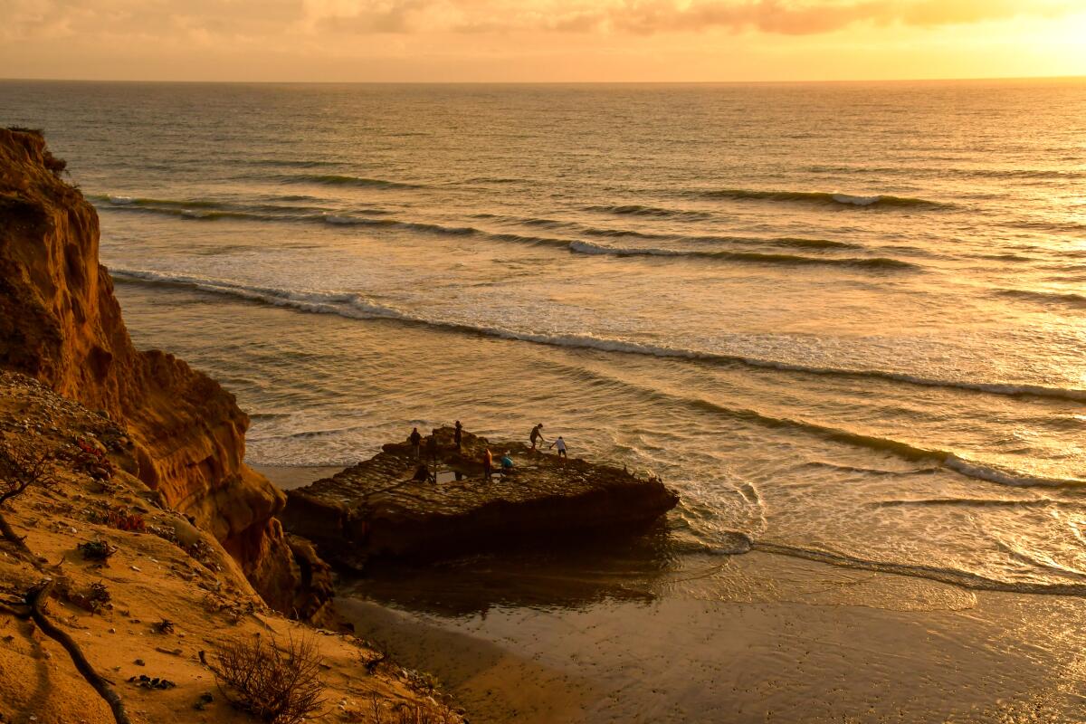 Looking down on Torrey Pines State Beach as the sun sets.