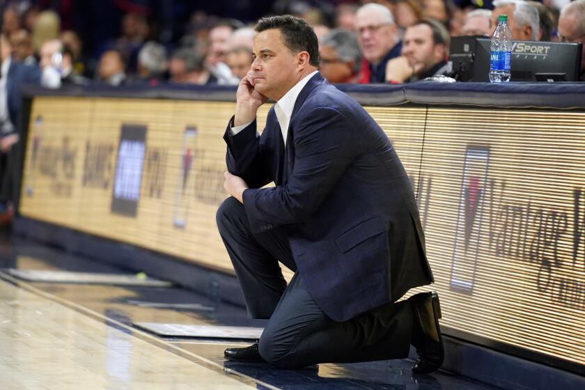 Arizona head coach Sean Miller in the first half during an NCAA college basketball game against Southern California Thursday, Feb. 6, 2020, in Tucson, Ariz. (AP Photo/Rick Scuteri)