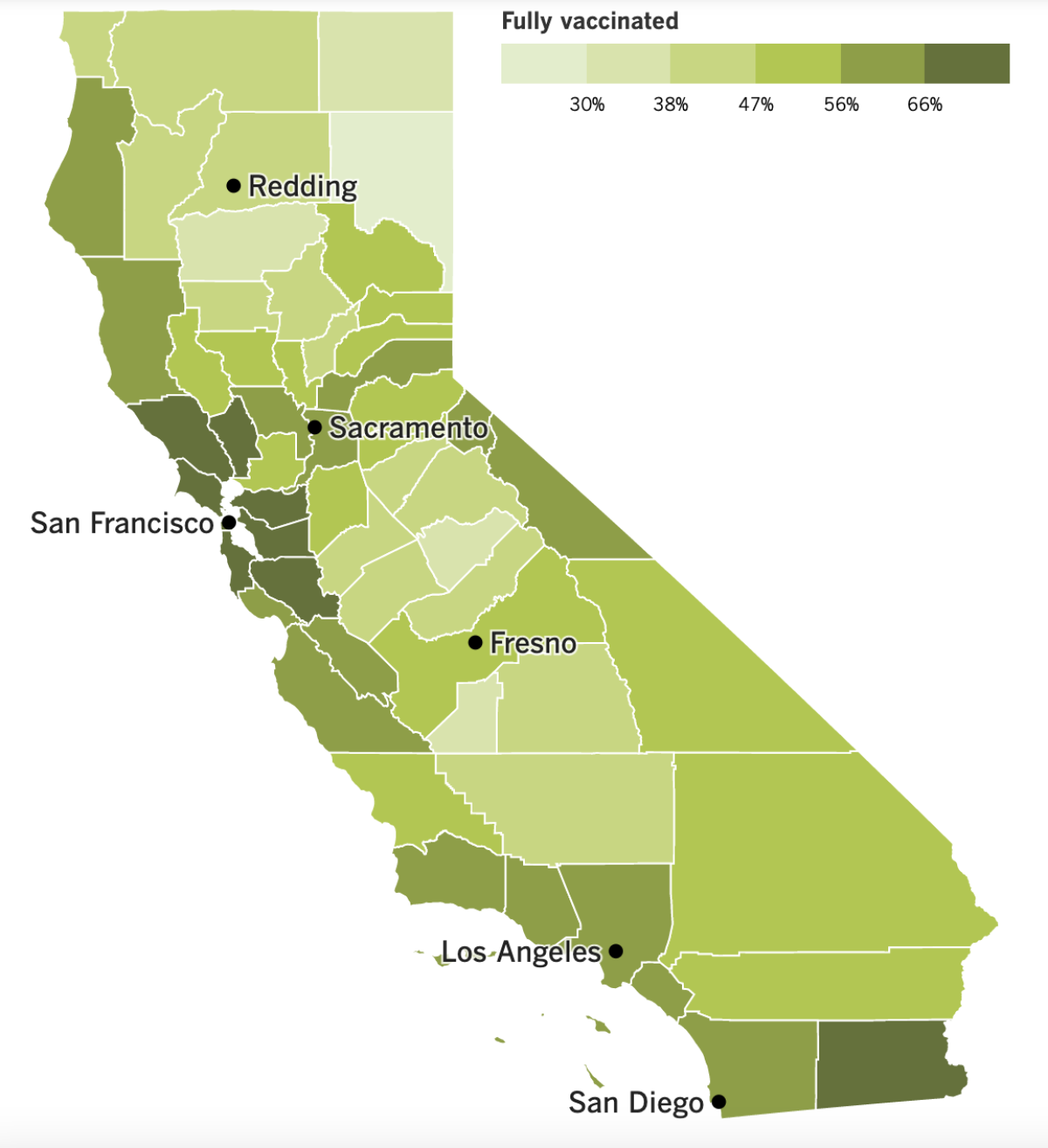 A map showing California's COVID-19 vaccination progress by county.