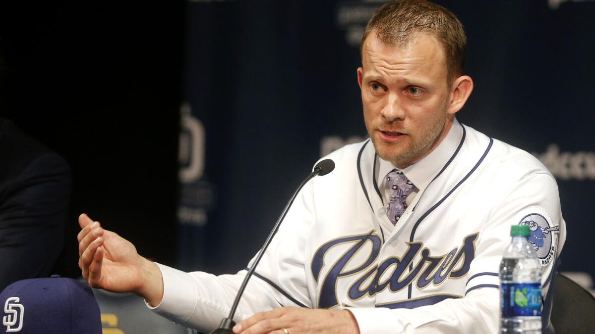 New Padres Manager Andy Green addresses reporters during a news conference Thursday in San Diego.