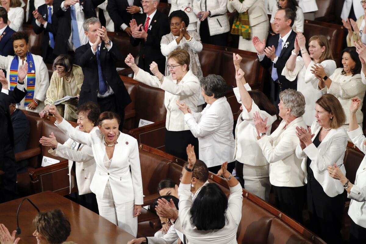 Democratic women in Congress wore white to President Trump's State of the Union address in 2019 to recognize suffrage.