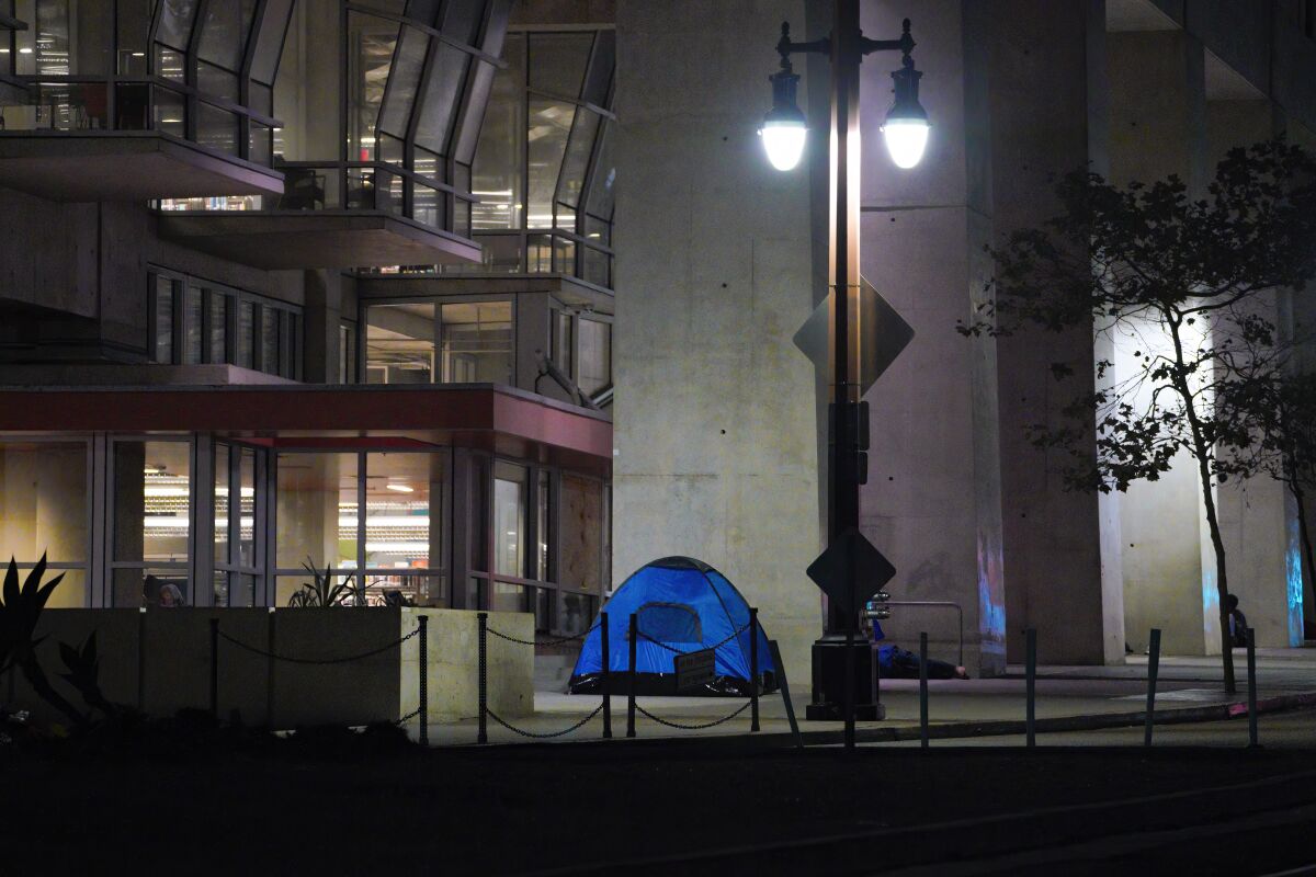 A tent in front of San Diego's Central Library.