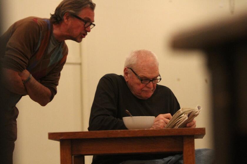 Brian Dennehy, right, with son-in-law James Lancaster during a rehearsal for the Mark Taper Forum's production of "The Steward of Christendom." They'll team up for a benefit performance of scenes from other plays for the Los Angeles County High School for the Arts, attended by Dennehy's grandsons.