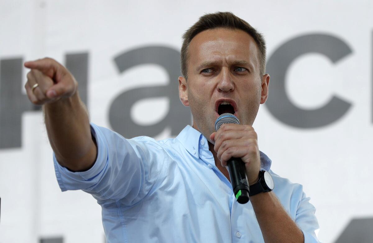 Alexei Navalny speaks to protesters in 2019
