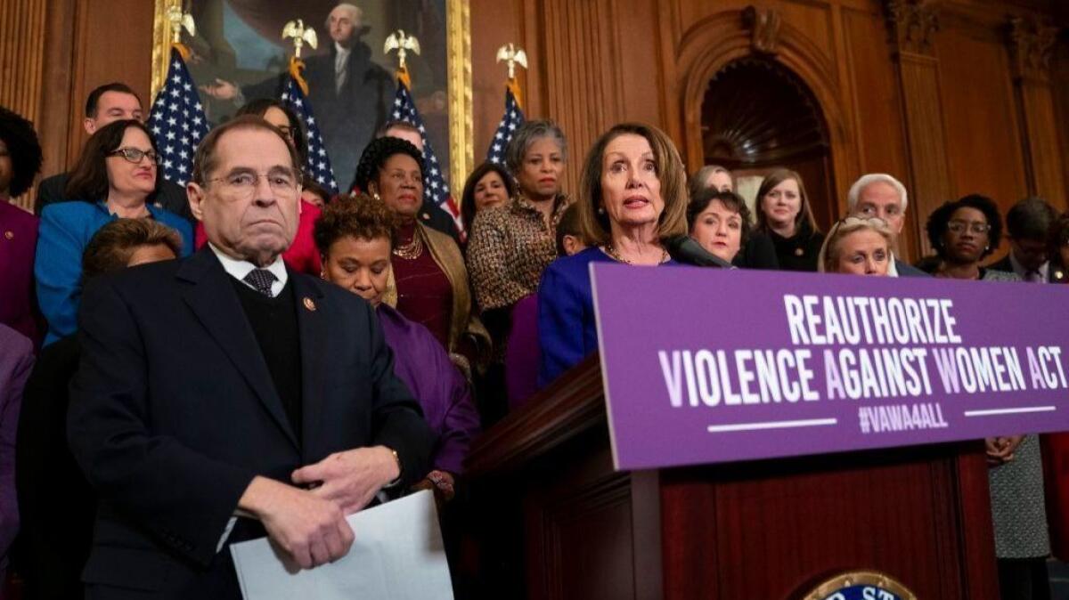 House Speaker Nancy Pelosi (D-San Francisco), joined at left by House Judiciary Committee Chairman Jerrold Nadler (D-N.Y.), calls attention to plans to reauthorize the Violence Against Women Act on March 7.