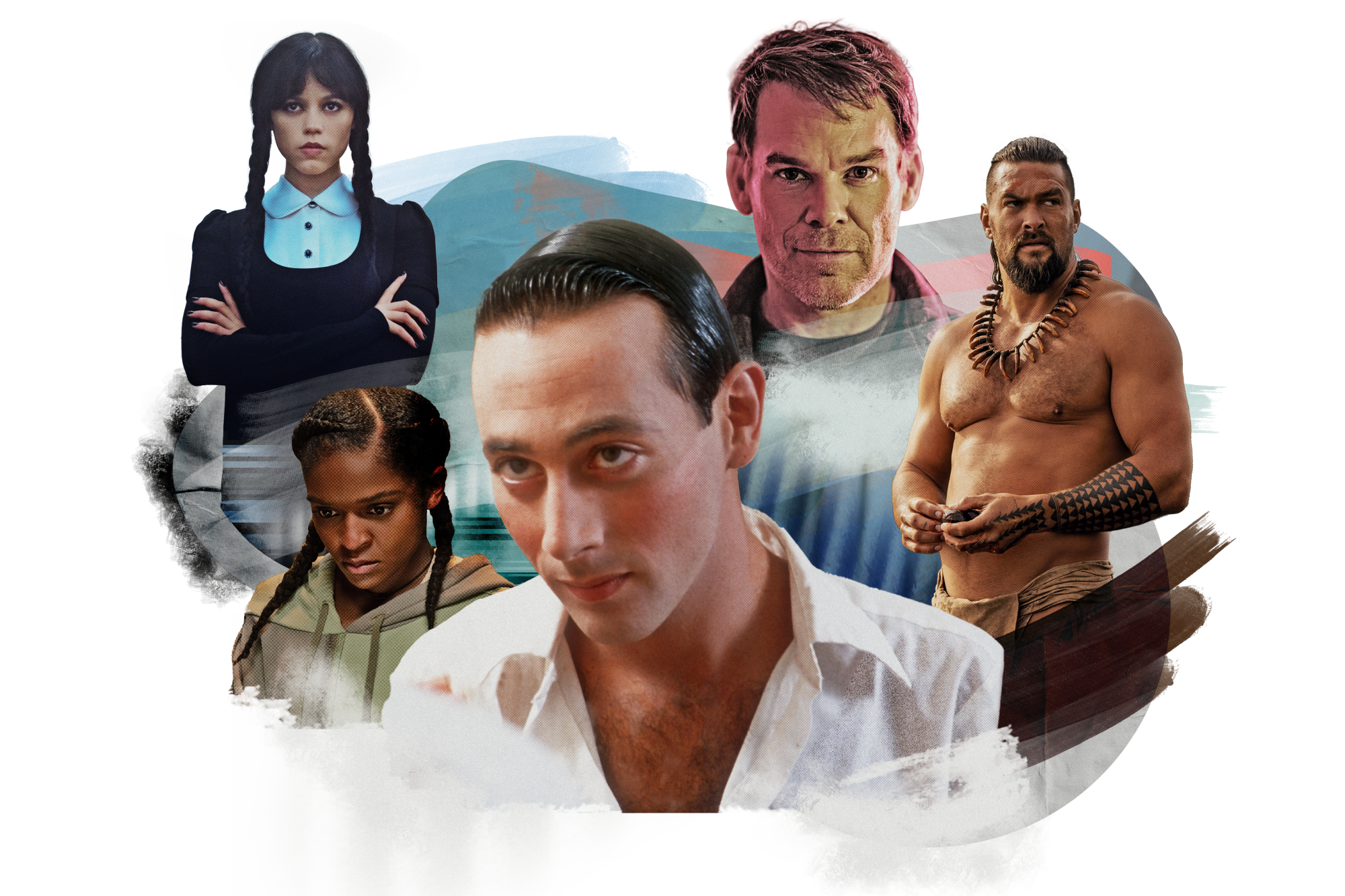 Collage with paint strokes and TV stills of Jenna Ortega, Dominique Thorne, Paul Reubens, Michael C. Hall, and Jason Momoa.