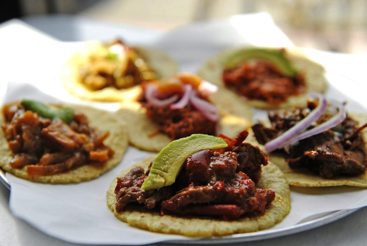 A selection of Guisados tacos. The Boyle Heights location of the restaurant is testing its new breakfast items Friday and selling them for 50 cents each.