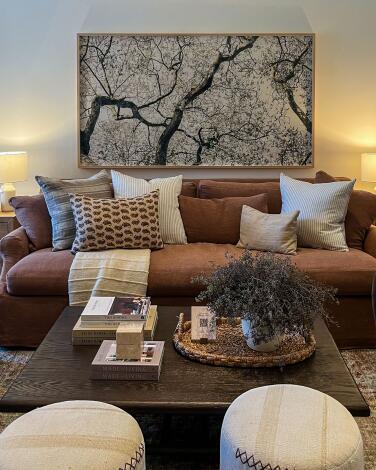 A brown linen sofa at Amber Interiors