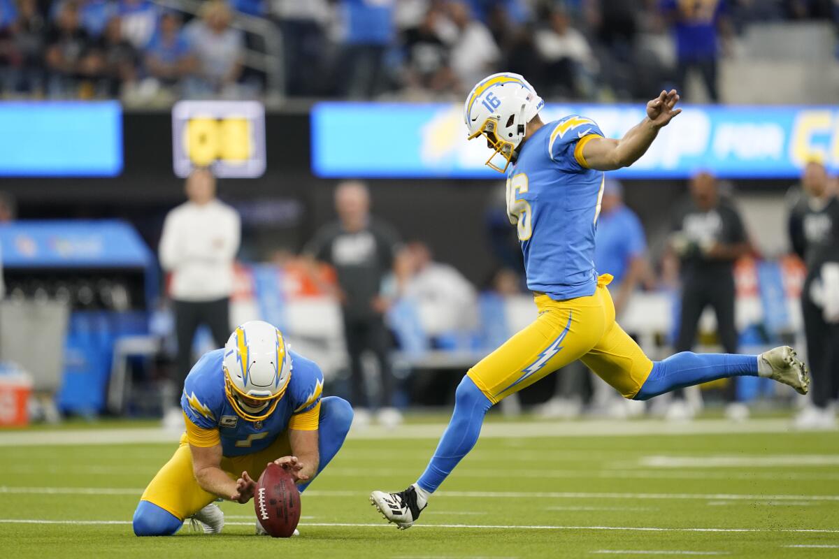 Chargers kicker Tristan Vizcaino kicks an extra point against the Las Vegas Raiders on Oct. 4.