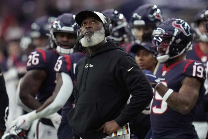 Houston Texans head coach Lovie Smith watches from the sidelines during the second half of an NFL football game against the Kansas City Chiefs Sunday, Dec. 18, 2022, in Houston. (AP Photo/Eric Christian Smith)