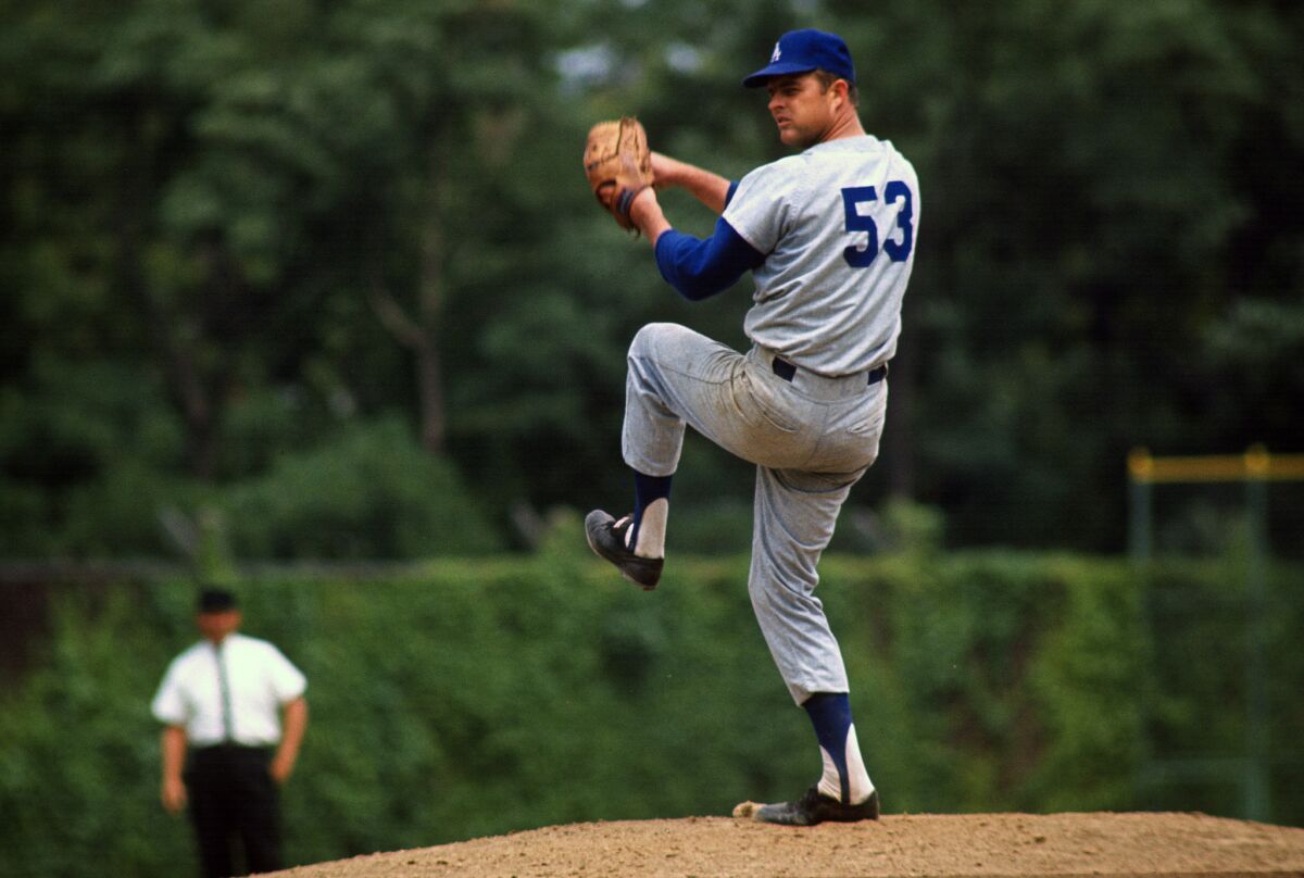 Don Drysdale, shown in 1965 in Pittsburgh, pitched for the Dodgers in the first game against the Giants in the Bay Area.