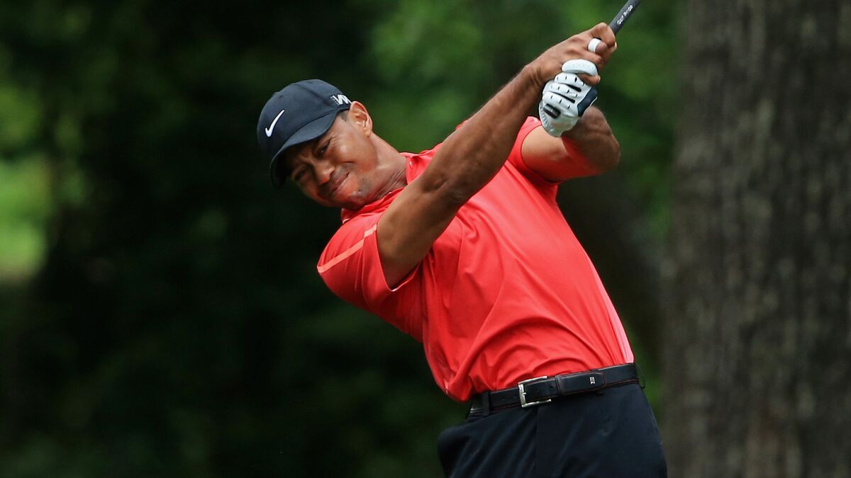 Tiger Woods hits from the No. 2 tee during the final round of the Masters at Augusta National Golf Club on Sunday.