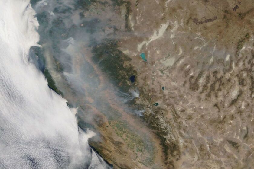 HANDOUT EDITORIAL USE ONLY/NO SALES Mandatory Credit: Photo by NASA/HANDOUT/EPA-EFE/REX/Shutterstock (9785347a) A handout photo acquired through the NASA Worldview application on 08 August 2018 shows the smoke of wildfires in California, USA, 07 August 2018, as captured in a True Color image by the Moderate Resolution Imaging Spectroradiometer (MODIS). The Mendocino Complex Fire consists of two fires, the River Fire and the Ranch Fire, which have now combined. The fires have burnt over 280,000 acres of land. Northern California Wildfires, Space, --- - 08 Aug 2018 ** Usable by LA, CT and MoD ONLY **