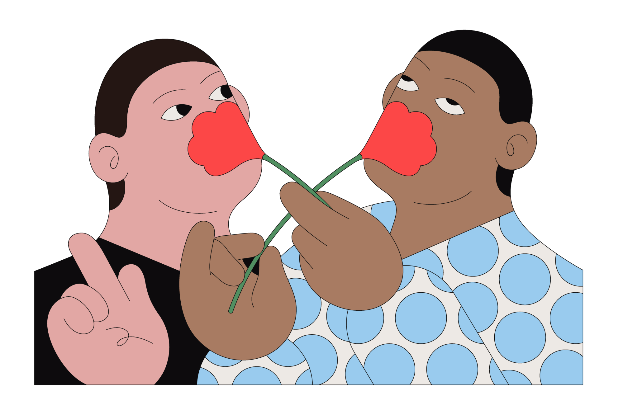 Illustration of two people smelling flowers; the person on right inhaling deeply, eyes rolled upward.